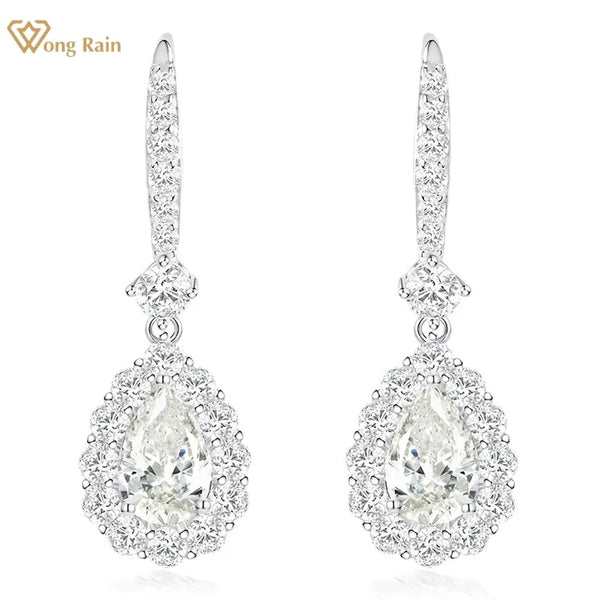Wong Rain Elegant 925 Sterling Silver 6*9 MM Pear Cut Lab Sapphire Gemstone Drop Dangle Earrings for Women Jewelry Wedding Gifts