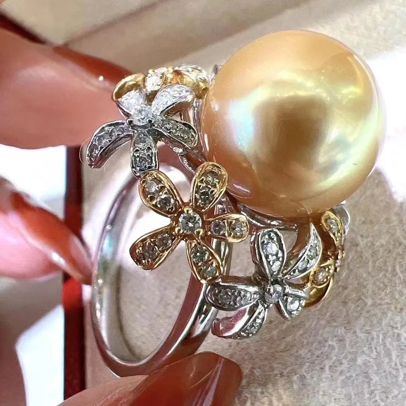 925 Silver Freshwater Pearl and Diamond Jewelry Cluster Flower Ring for Women