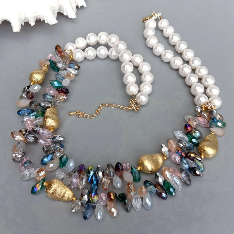 Gold Filled Multi-Color Crystal and Pearl Necklace for Women