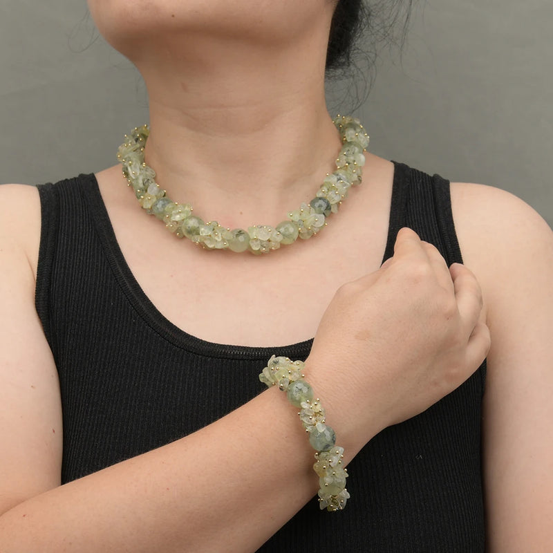 Sterling Silver Natural Green Prehnite Quartz Necklace and Bracelet Set for Lady