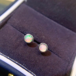 Silver 4mm Round Opal Stud Earrings for Women