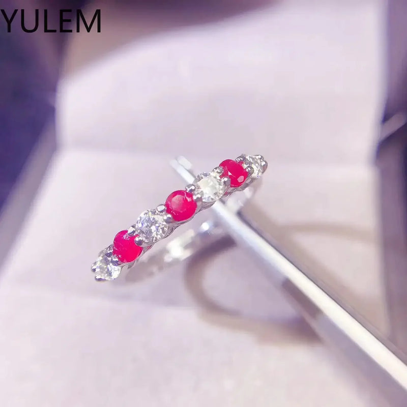 925 Silver Natural Myanmar Ruby with 3mm Moissanite Ring Adjustable Engagement Ring for Women