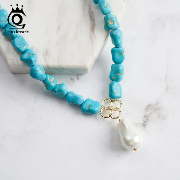 S925 Silver Turquoise Baroque Shell Pendant Necklace for Women