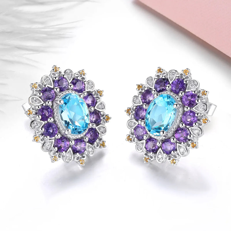 Sterling Silver Blue Topaz Amethyst Stud Earrings 5.5 ctw for Women