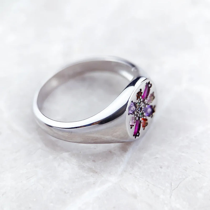 925 Sterling Silver Colorful Stone Flower Ring for Women