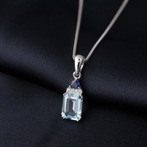 925 Sterling Silver Emerald Cut Sky Blue Topaz Pendant Necklace for Woman