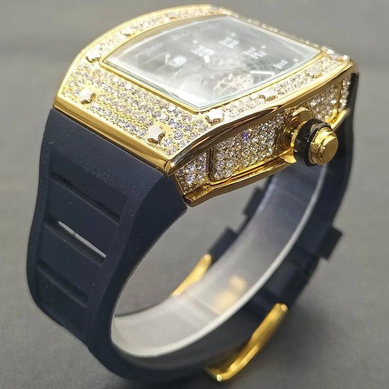 MISSFOX New Men Wrist Watches Tonneau Rubber Strap Waterproof Male Quartz Watch Unique Classic Gold Hollow Men's Clocks Gifts