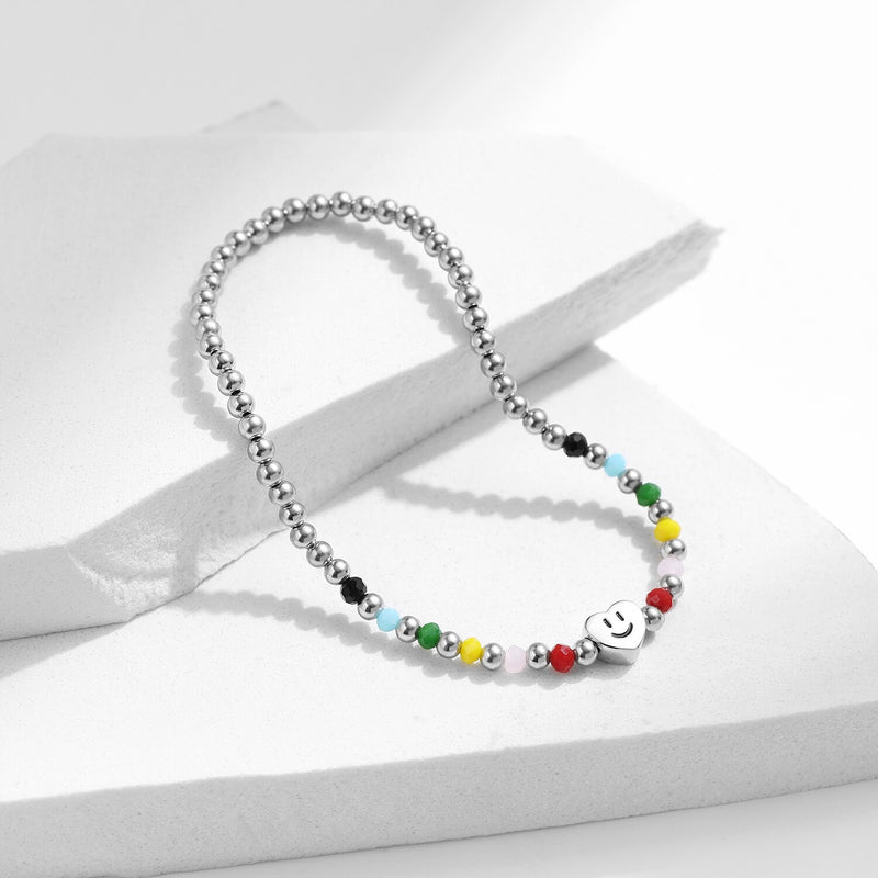 Sterling Silver Colorful Heart Smile Beads Bracelet for Women