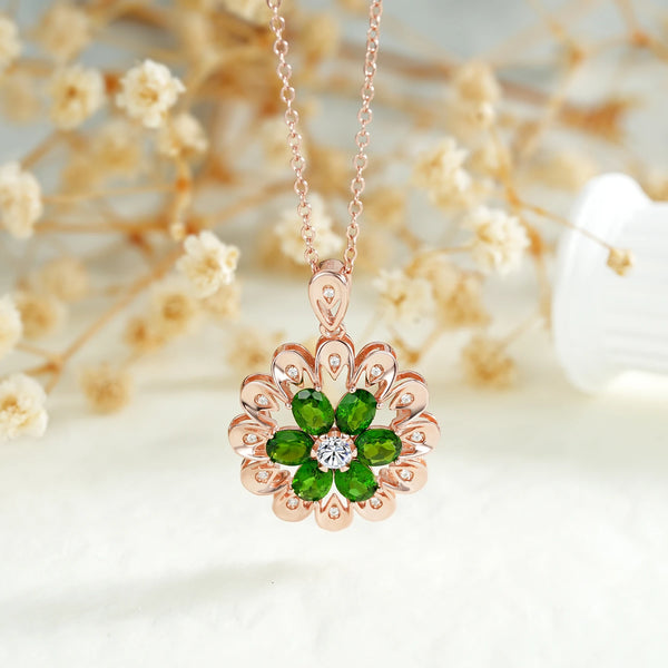 Rose Gold Plated 925 Sterling Silver Flower Pendant Necklace with Diopside Gemstones for Women