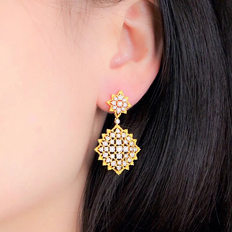 925 Sterling Silver Gold Plated Zircon Lace Earrings