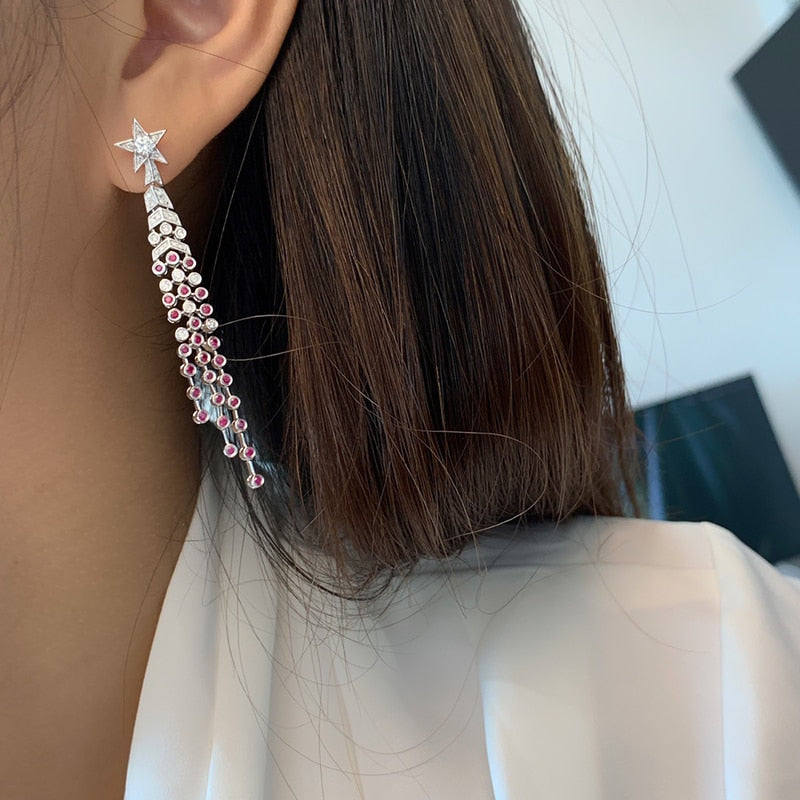 18K White Gold Ruby and Diamond Tassel Earrings for Women
