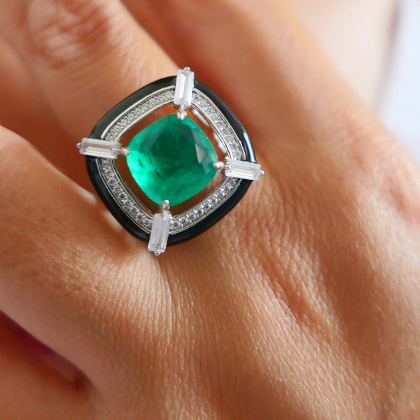 925 Sterling Silver Black Enamel Cushion Created Emerald Ring for Women