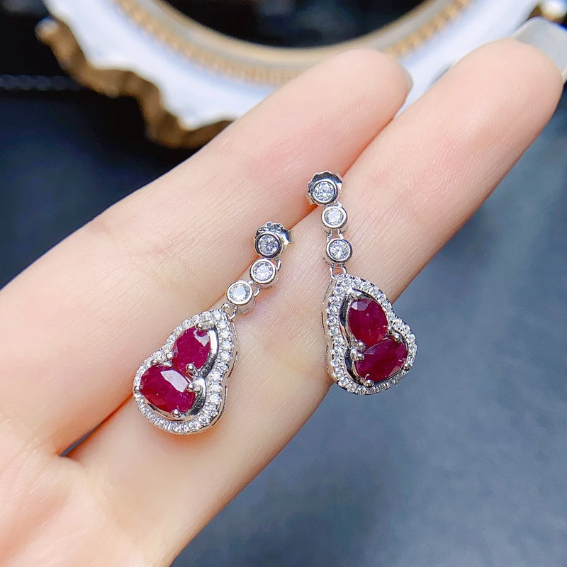 Sterling Silver Natural Ruby Gourd Earrings for Women