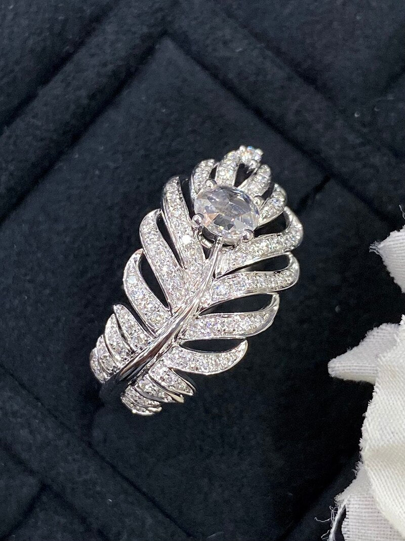 18K White Gold Real Natural Diamond Feather Design Ring for Women