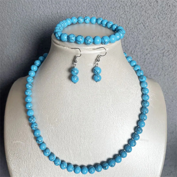 Sterling Silver Black Line Blue Turquoise Natural Stone Jewelry Set for Women