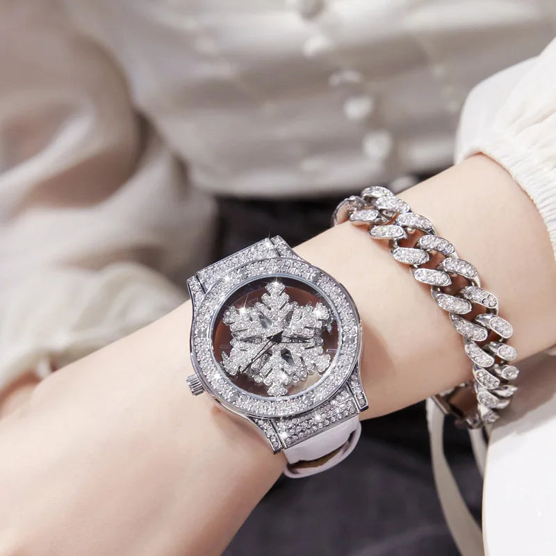 Silver Leather Snowflake Hollow Diamond Watch for Women