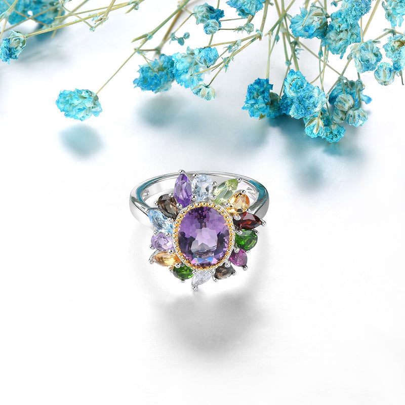 Sterling Silver 4.00ctw Amethyst, Diopside, Citrine & Topaz Multicolor Rings for Women