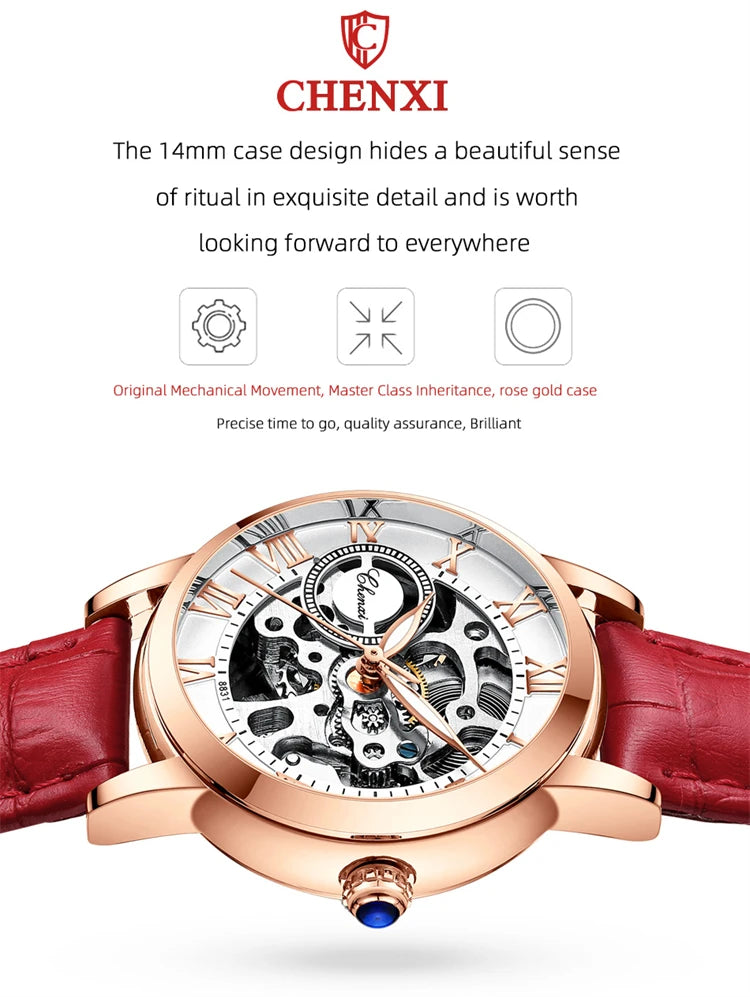 Leather Waterproof Automatic Hollowed Vibrato Watch for Women