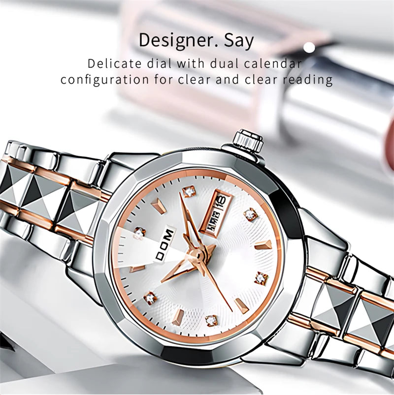 Stainless Steel Mini Luminous Quartz Watch with Date and Week for Women