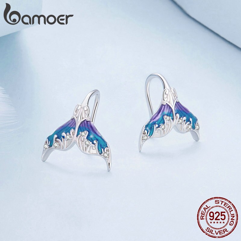 Sterling Silver Blue Enamel Fantasy Mermaid Tail Earrings for Women