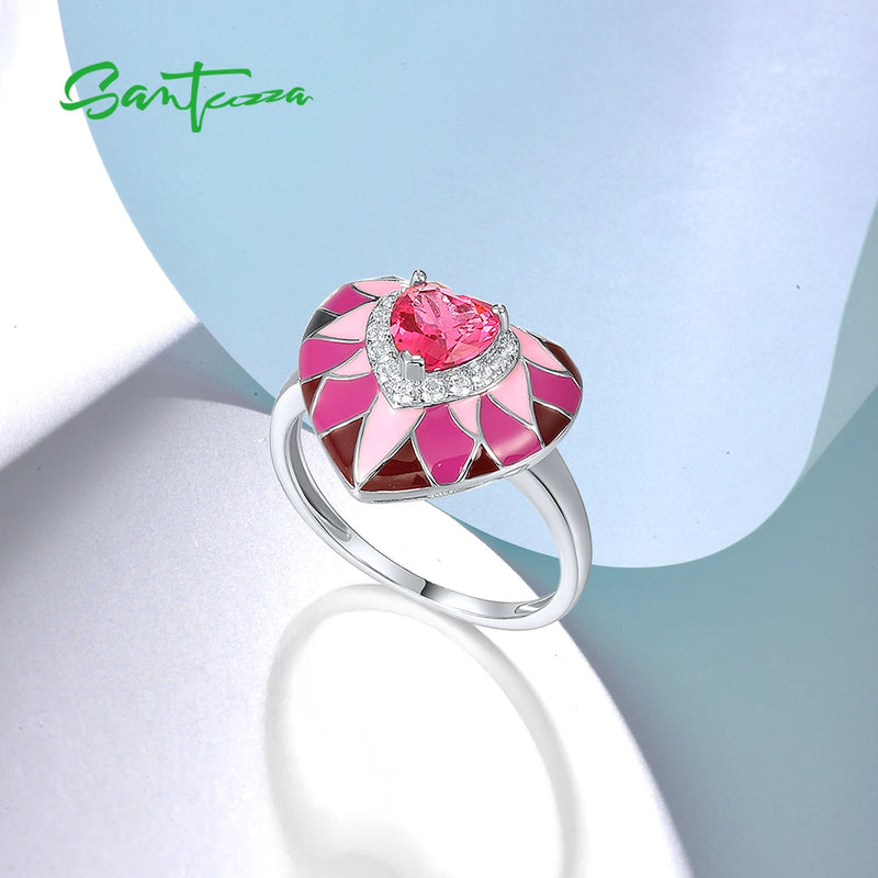 925 Sterling Silver Ring with Pink Stone Enamel