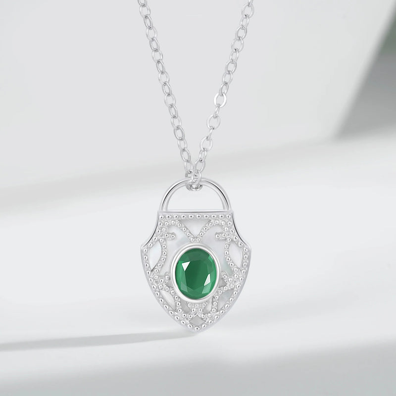 Sterling Silver Lock Shield Pendant with Green Emerald Inlay for Women