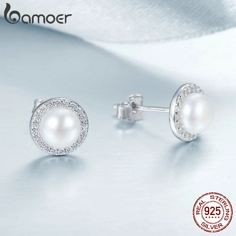 925 Sterling Silver Freshwater Pearl CZ Stud Earrings for Women