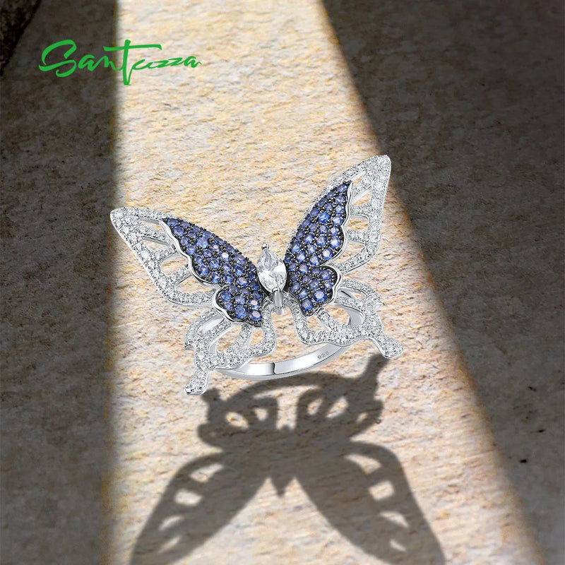 Sterling Silver Butterfly Ring with Sparkling Blue and White Cubic Zirconia for Women