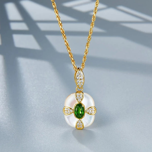 925 Silver Gold Plated Diopside Pendant Necklace with White Shell Zircon for Women