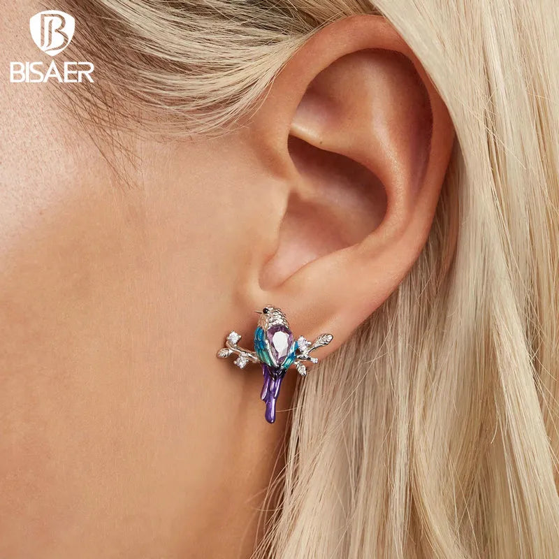 Sterling Silver Enamel Bird Stud Earrings with Purple Zircon for Woman