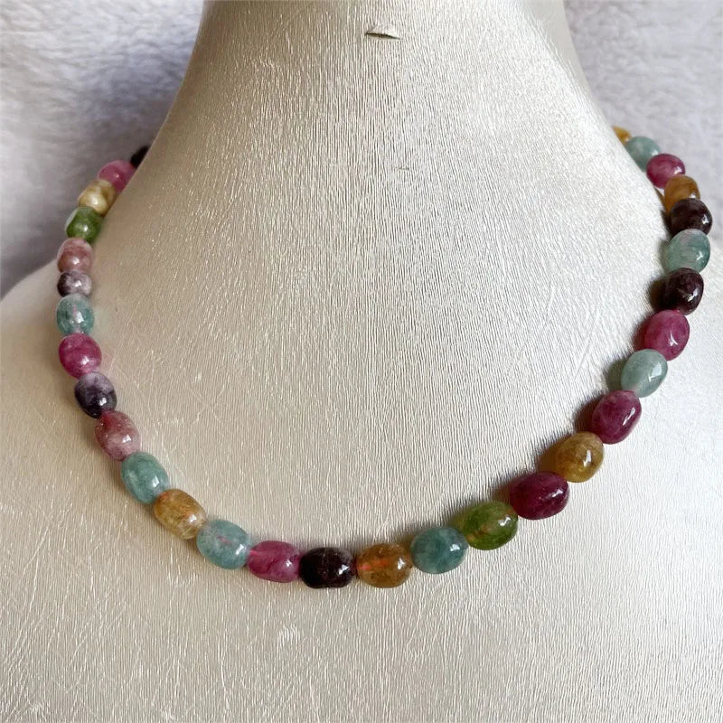 Sterling Silver Natural Stone Nugget Tourmaline Jade Necklace Pink Yellow Green Brown for Women