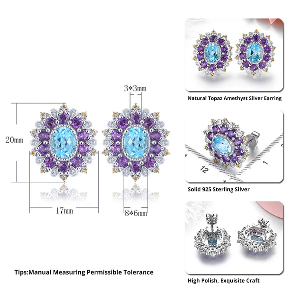 Sterling Silver Blue Topaz Amethyst Stud Earrings 5.5 ctw for Women