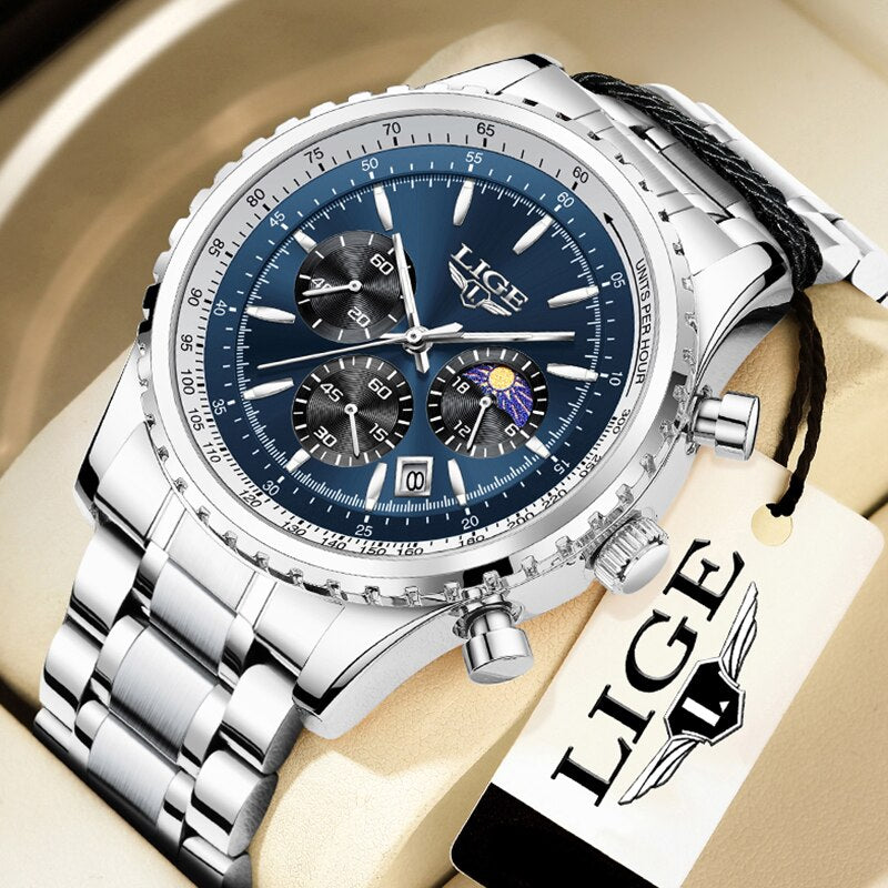 Stainless Steel Leather Quartz Chronograph Watch for Men