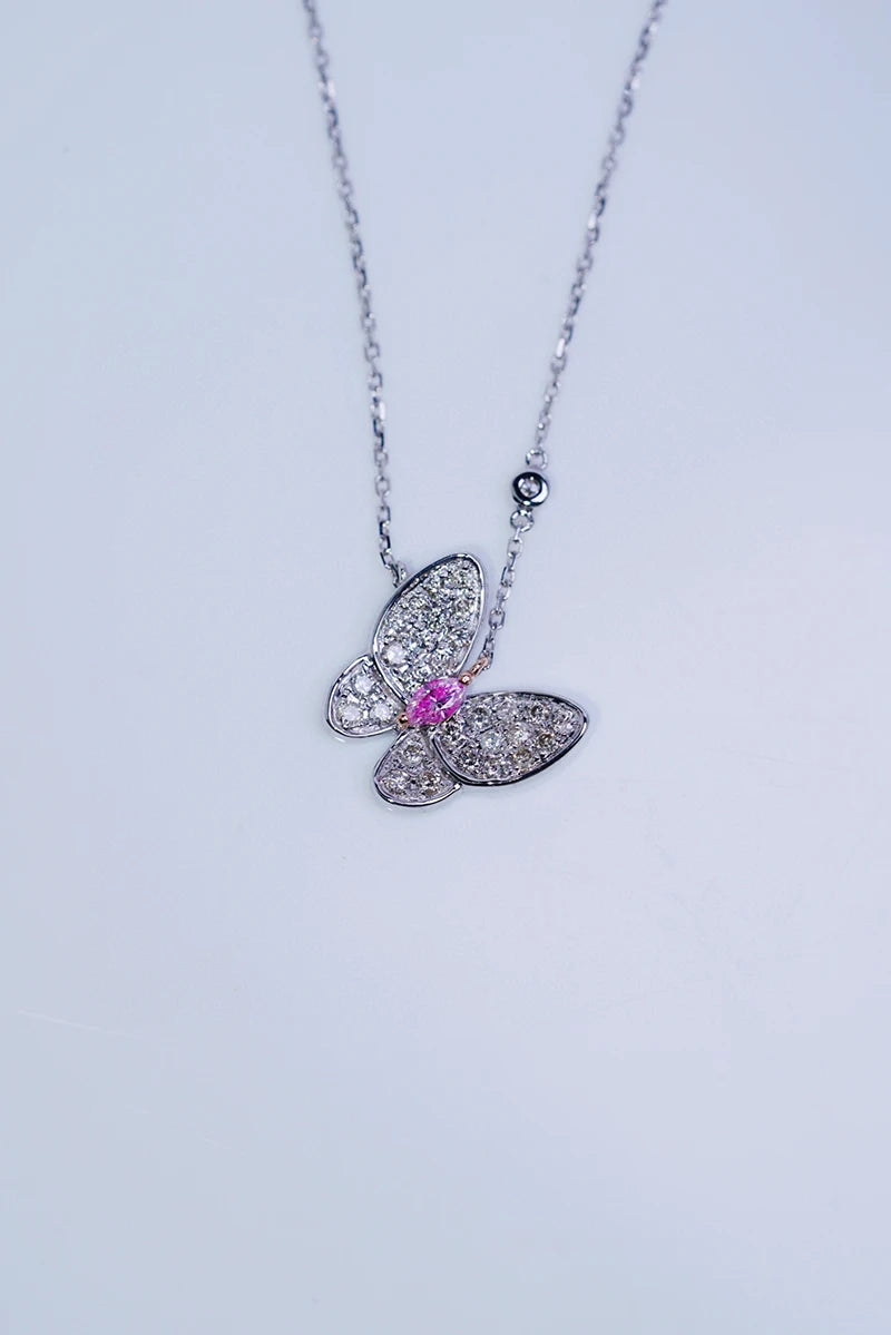 18K White Gold Pink Diamond Butterfly Pendant Necklace for Women