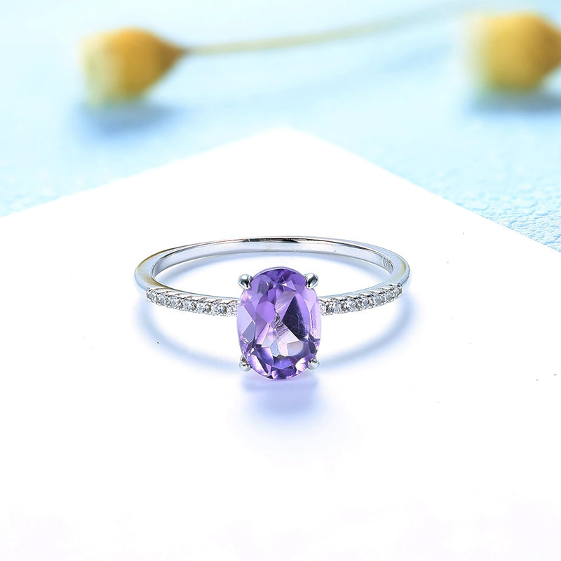 925 Sterling Silver Natural Amethyst Oval Gemstone Rings for Women