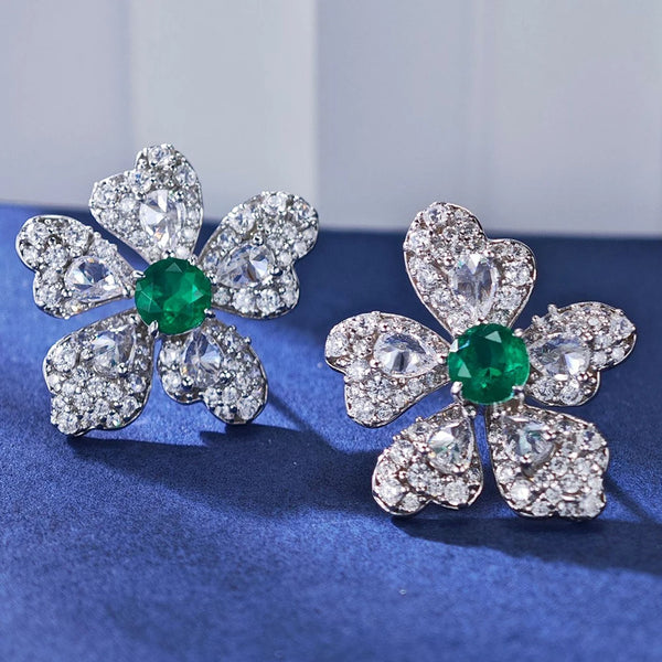 925 Sterling Silver Emerald High Carbon Diamonds Gemstone Earrings