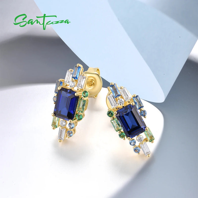 925 Sterling Silver Blue Spinel Stud Earrings for Women