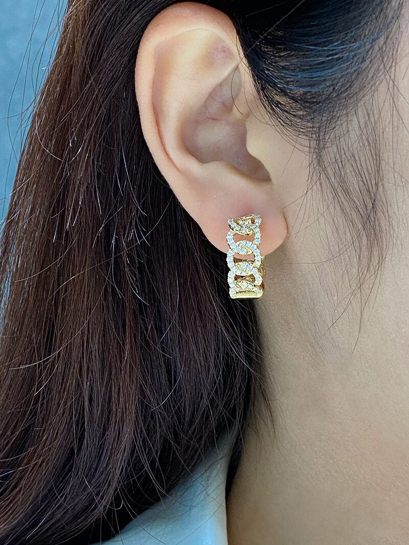 18K Yellow Gold Diamond Cuban Chain Earrings for Women