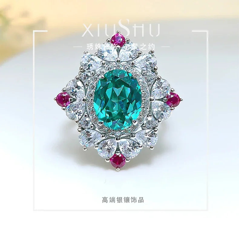 925 Silver Tourmaline Ring with Diamonds, Flower Stamen Egg Shape for Women