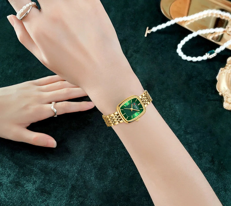 Gold Rectangular Dial Quartz Watch Bracelet for Lady