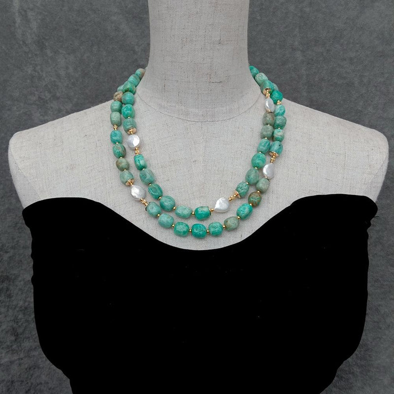 Y.YING Freshwater Cultured White Coin Pearl Green Amazonite Necklace Handmade Women Designer Jewelry
