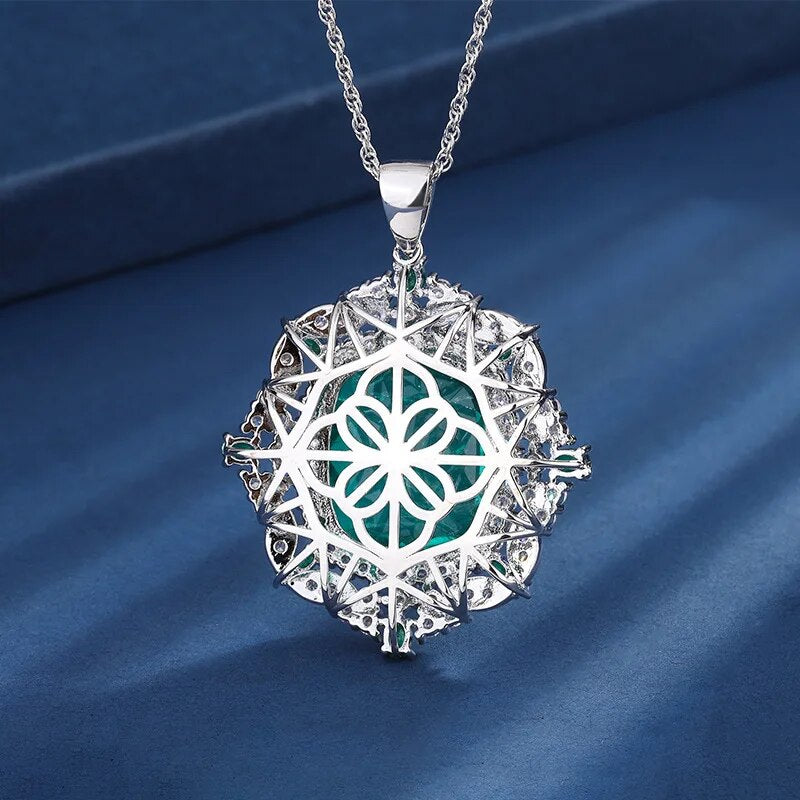 Sterling Silver 925 Green Zircon Geometric Pendant Necklace for Women