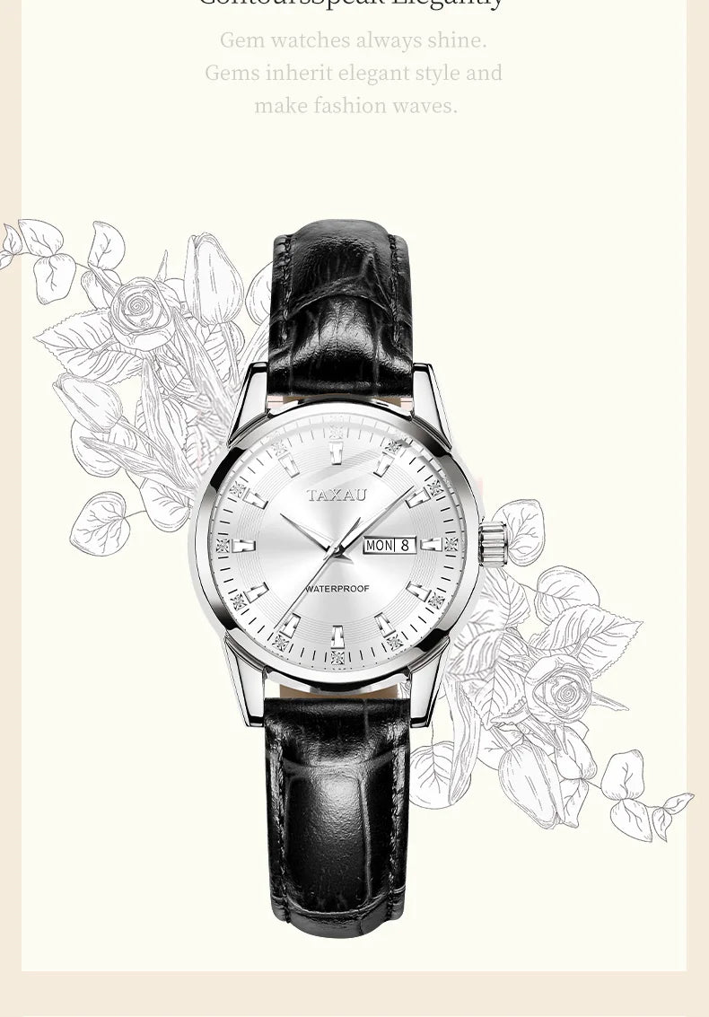 Stainless Steel Leather Casual Elegant Watch with Luminous Calendar, Waterproof for Women