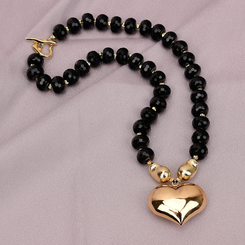 Gold Plated Black Onyx Abacus Shaped Heart Pendant Necklace for Women