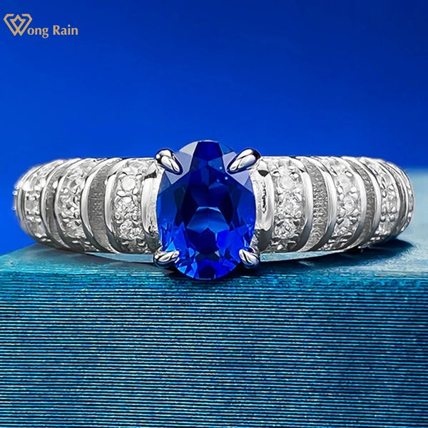 Wong Rain Classic 100% 925 Sterling Silver Oval Cut 5*7 MM Sapphire Gemstone Ring for Women Wedding Engagement Fine Jewelry Gift