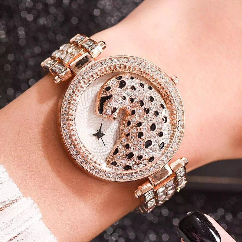 Gold Iced Out Diamond Leopard Print Watch for Women