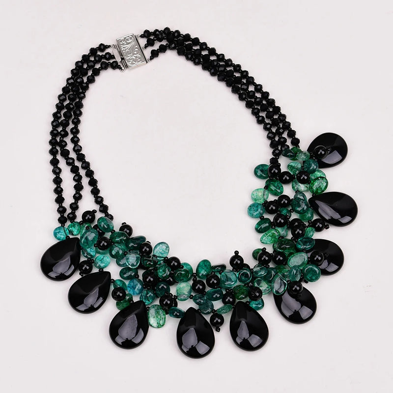 Sterling Silver Green Crystal and Black Onyx Stone Necklace for Lady