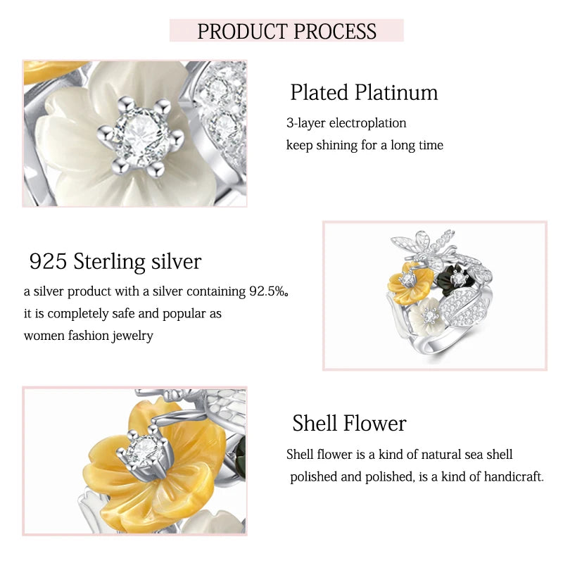 Sterling Silver Black Yellow Shell Flower Ring with White Zircon for Women