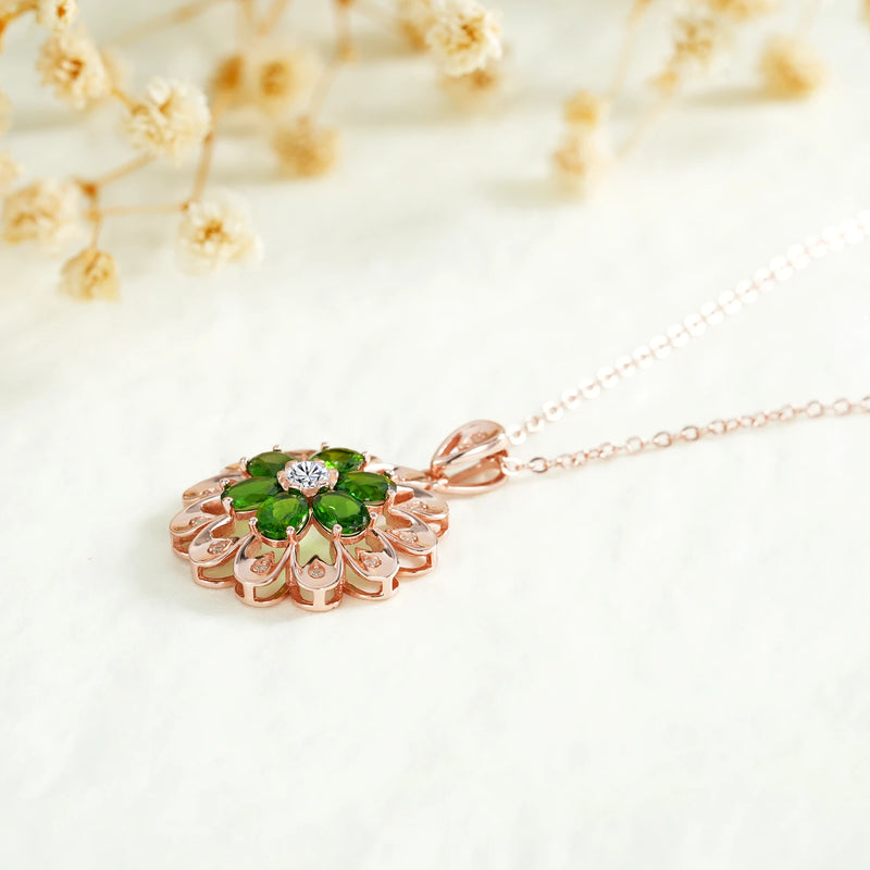 Rose Gold Plated 925 Sterling Silver Flower Pendant Necklace with Diopside Gemstones for Women