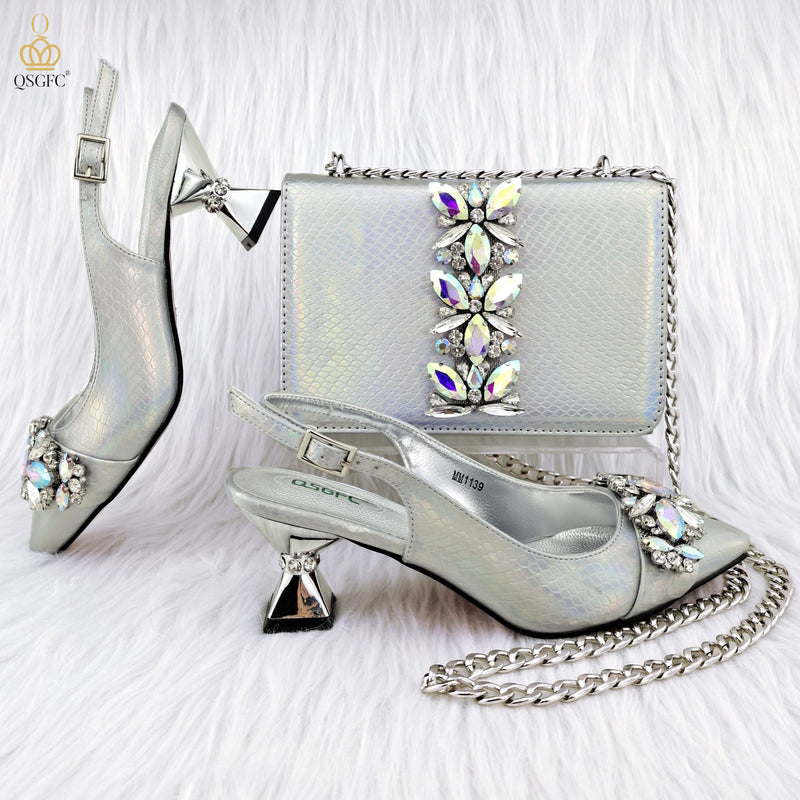 Sterling Silver Big Diamond Accent Embossed Varnish Style Shoes and Bag Set for Women